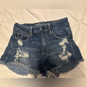 American Eagle Outfitters Frayed Distressed Denim Shorts - Dark Blue